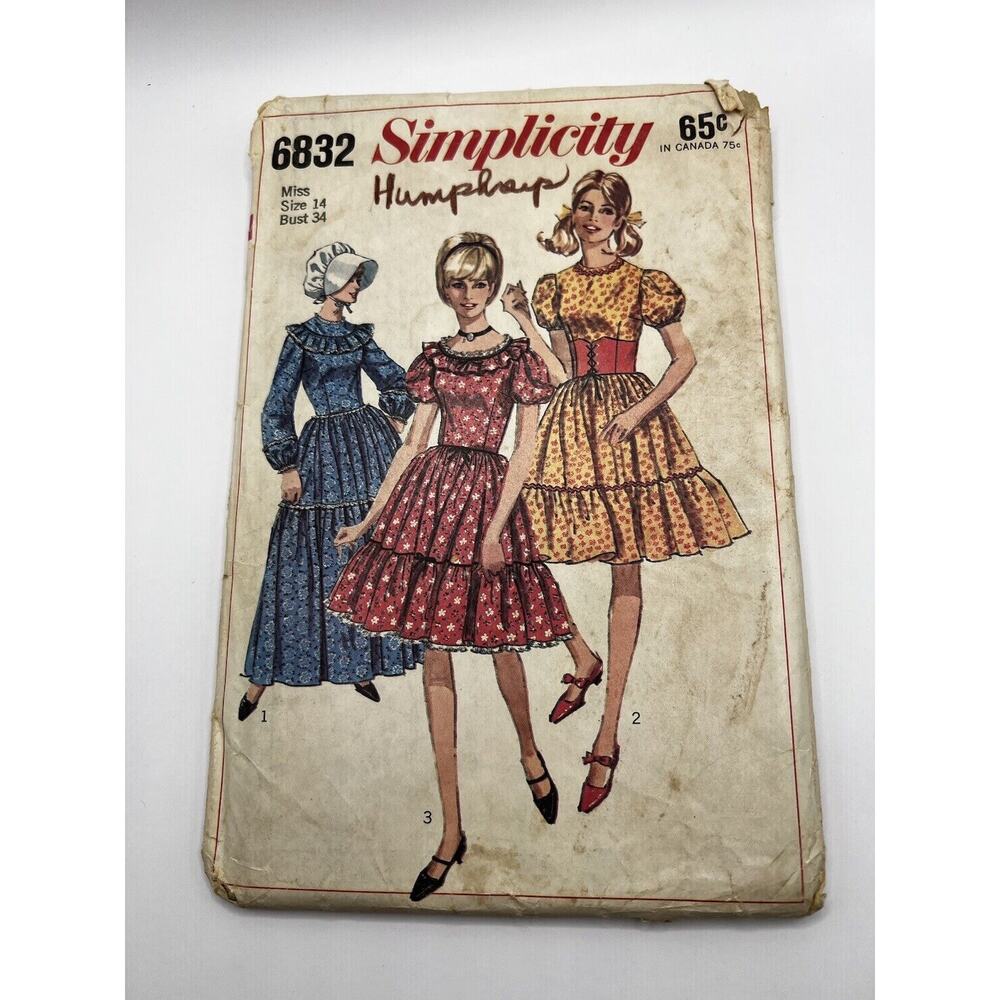 Vintage 1960s 1966 Sewing Pattern Girls Women’s Dress Prairie Simplicity 6832